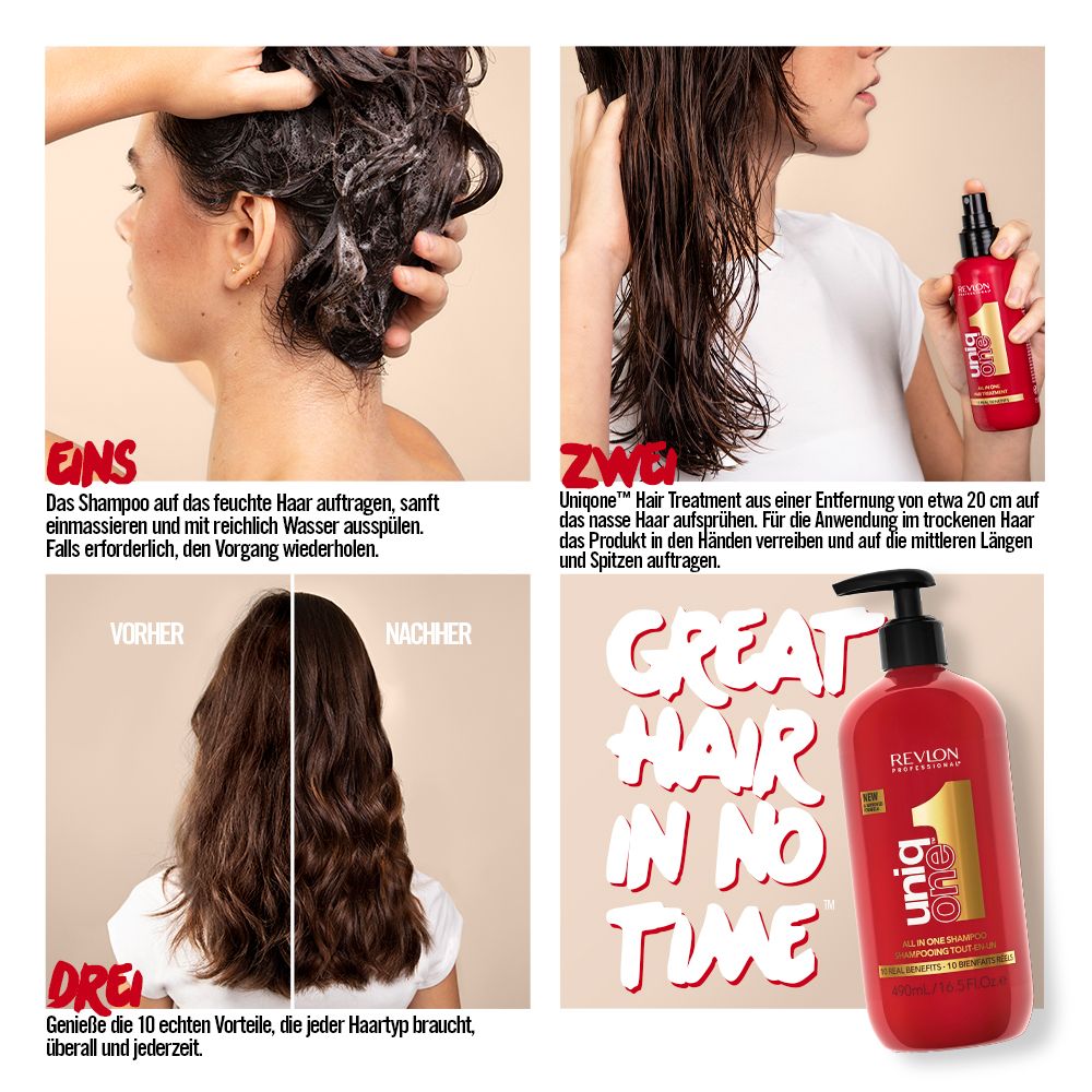 Collage avec exemples d'utilisation du shampooing Revlon Uniq One. Effet avant/après.