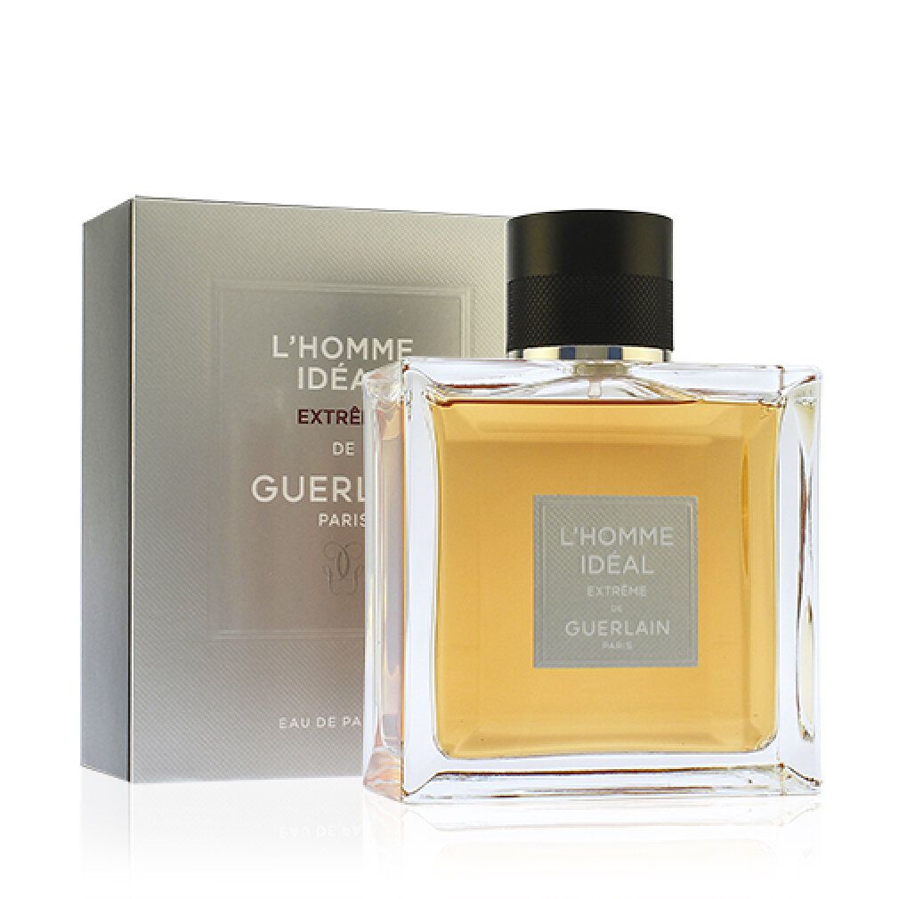 Guerlain L'Homme Idéal Extrême flacon en verpakking. Vierkante flacon met zwarte dop, ernaast grijze doos.