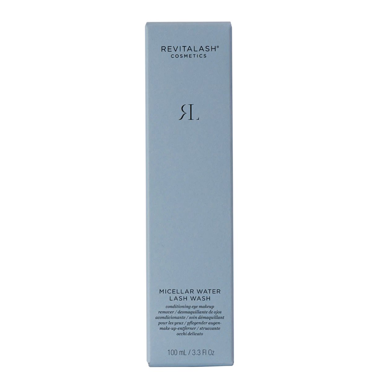Emballage bleu. Inscription: RevitaLash Cosmetics, Micellar Water Lash Wash, 100 ml / 3.3 fl oz.