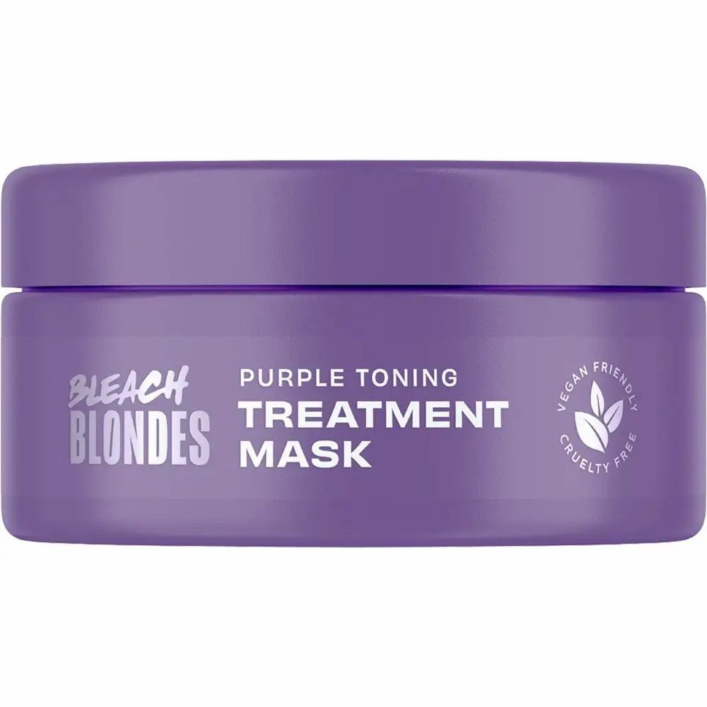Paarse pot met opschrift Bleach Blondes, Purple Toning Treatment Mask. Vegan en dierproefvrij.
