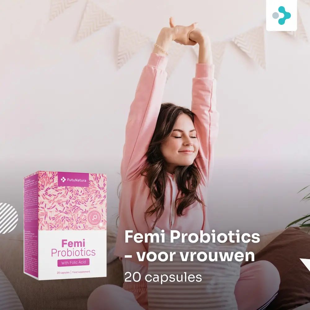 Femi Probiotics - voor vrouwen. Vrouw rekt zich uit. Verpakking en capsules.