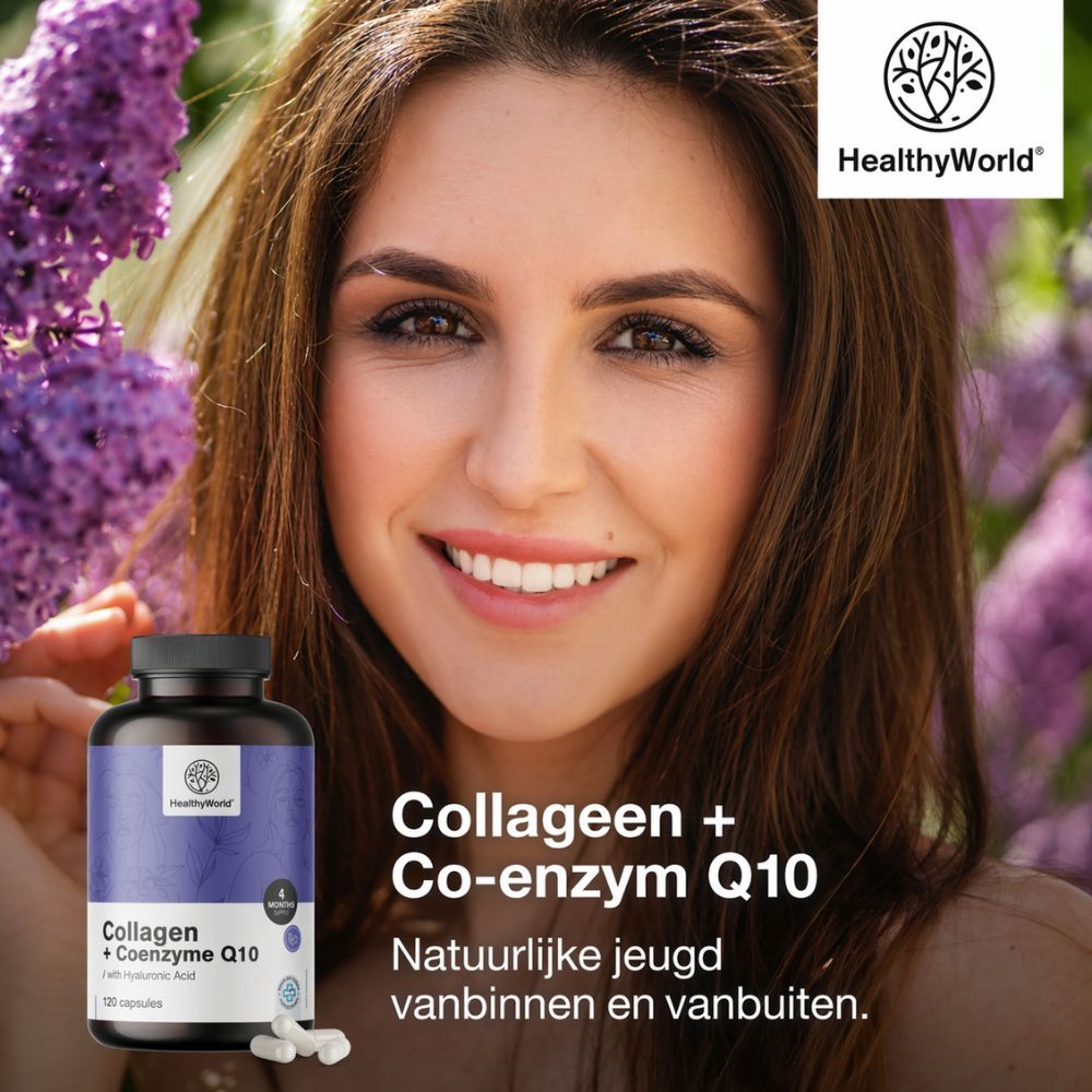Vrouw met fles en capsules. Tekst: Collageen + Co-enzym Q10. Merk: HealthyWorld. Achtergrond: bloemen.