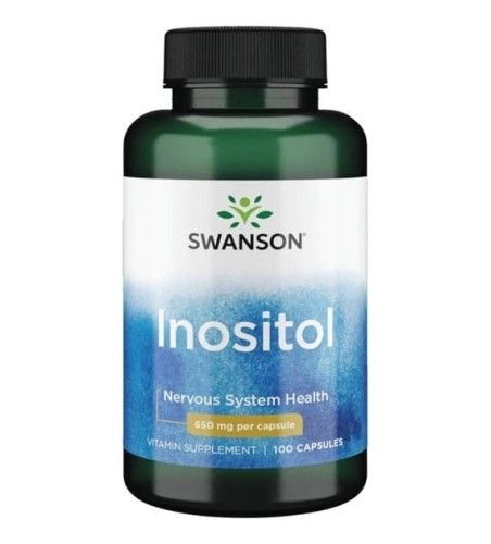 Groene fles met zwarte dop. Opschrift SWANSON, Inositol, 650 mg per capsule, 100 capsules. Voedingssupplement voor het zenuwstelsel.