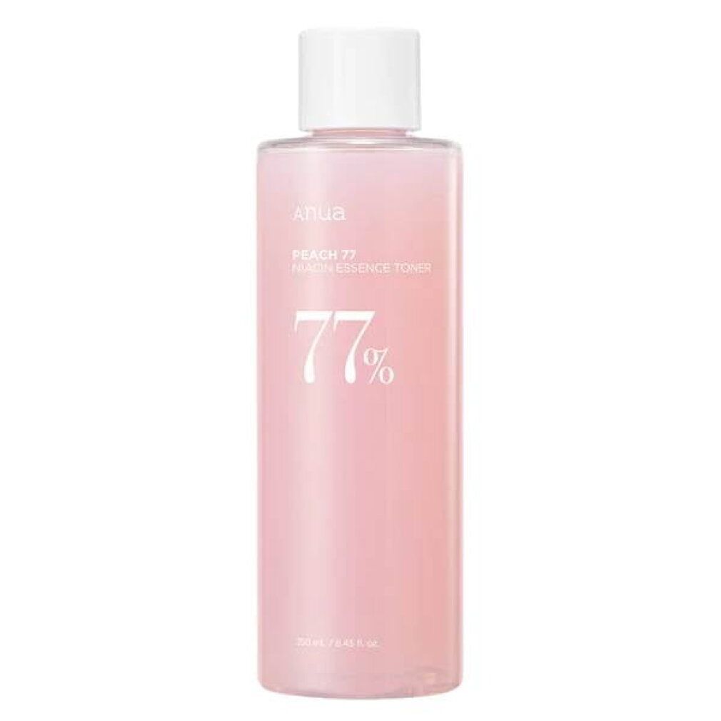 ANUA Peach 77% Niacin Essence Toner in een doorzichtige fles met witte dop.