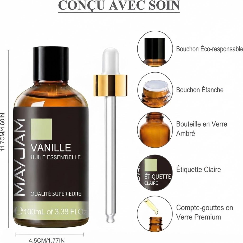 Bouteille d'huile de vanille MAYJAM avec pipette. Détails : bouchon éco, étanche, verre ambré.
