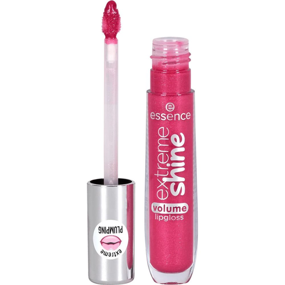 Essence Extreme Shine Volume Lipgloss. Open tube met applicator. Roze lipgloss, zilveren dop. Opschrift: Extreme Shine, Volume Lipgloss, Plumping.
