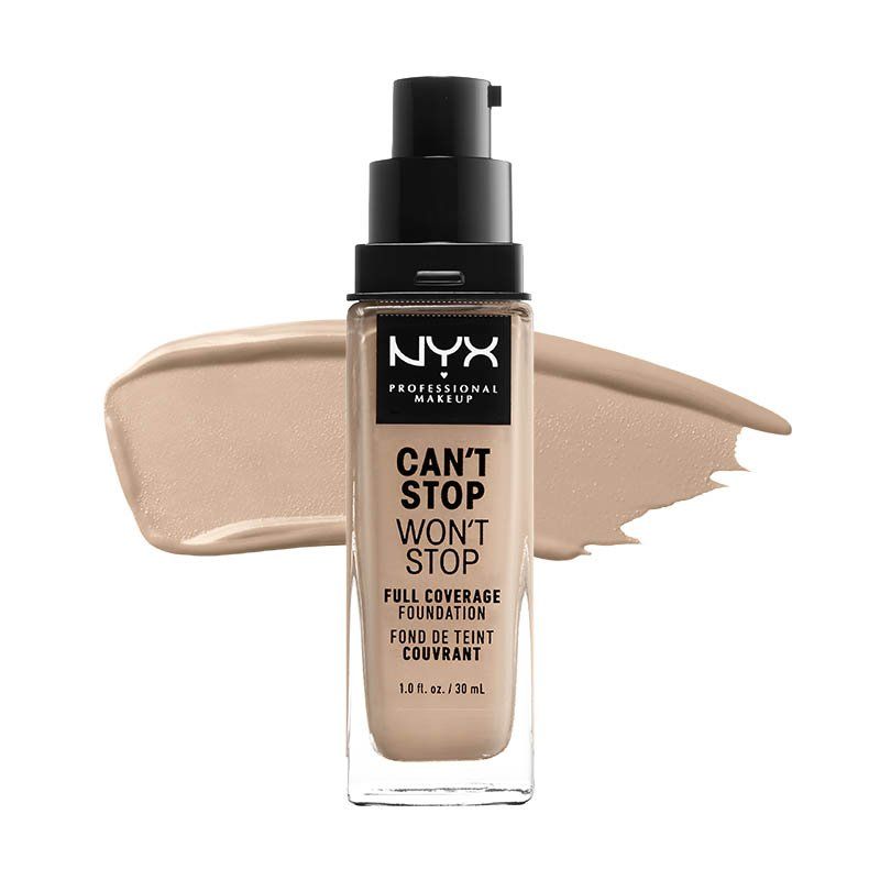 Flacon de fond de teint NYX Professional Makeup "Can't Stop Won't Stop" avec distributeur à pompe.