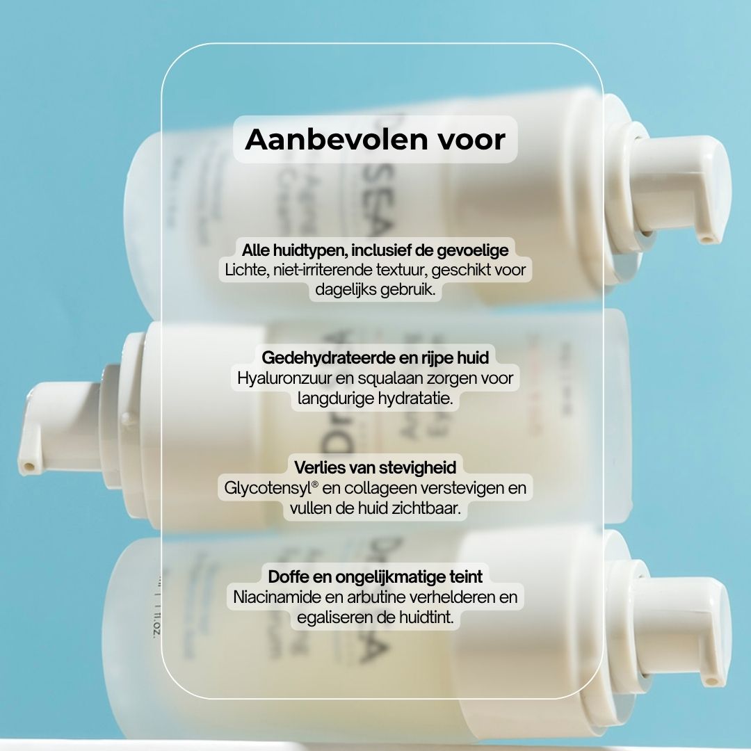 Serumflessen. Aanbevolen voor: Alle huidtypen, vochtarme huid, stevigheidsverlies, doffe huid. Tekst: Anti-Aging Face Serum.
