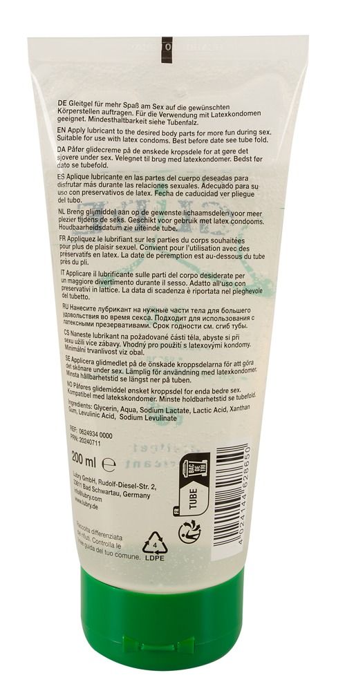 Dos du tube. Texte multilingue. Ingrédients. Bouchon vert. 200 ml.