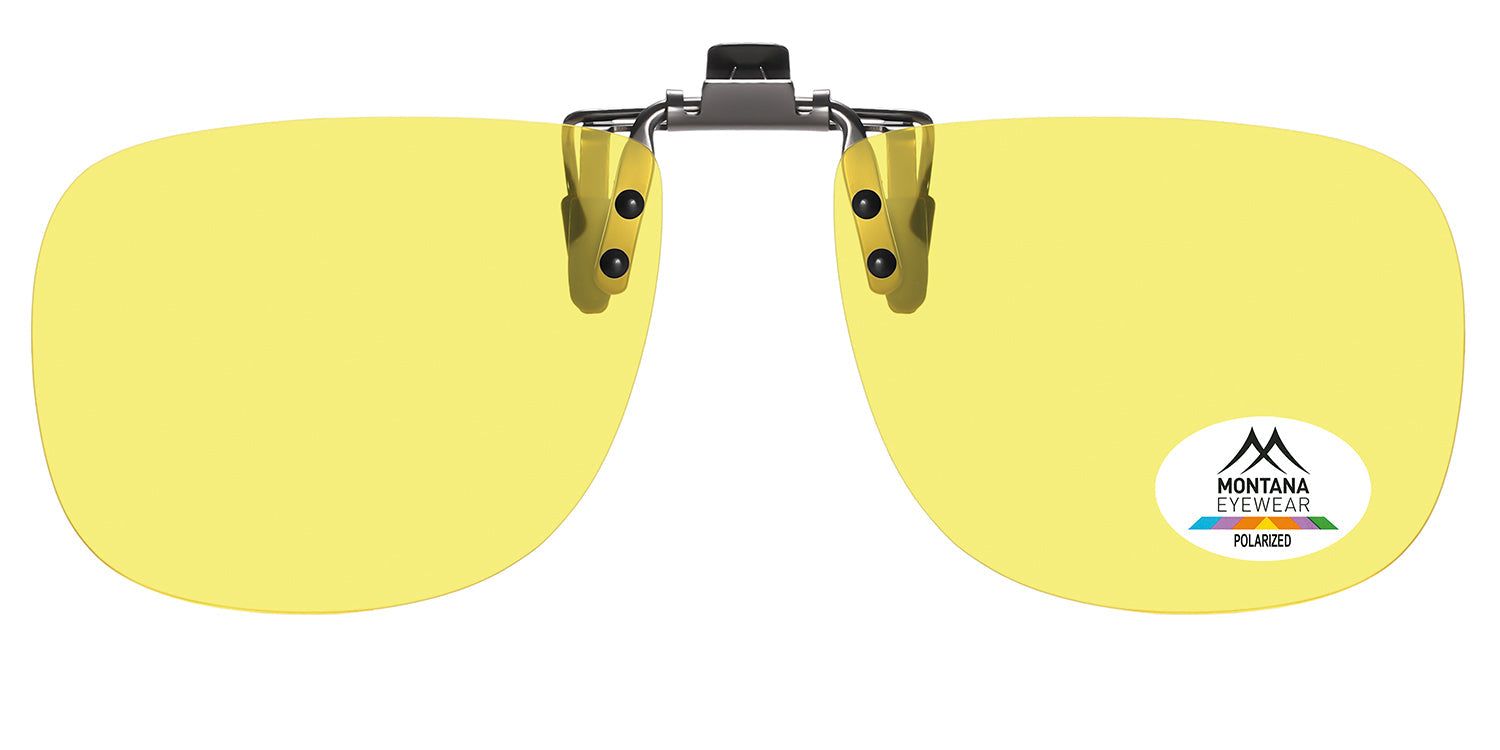Lunettes de soleil clip-on Montana Eyewear Mauritius jaunes. Forme ovale, clip métallique, logo Polarized.