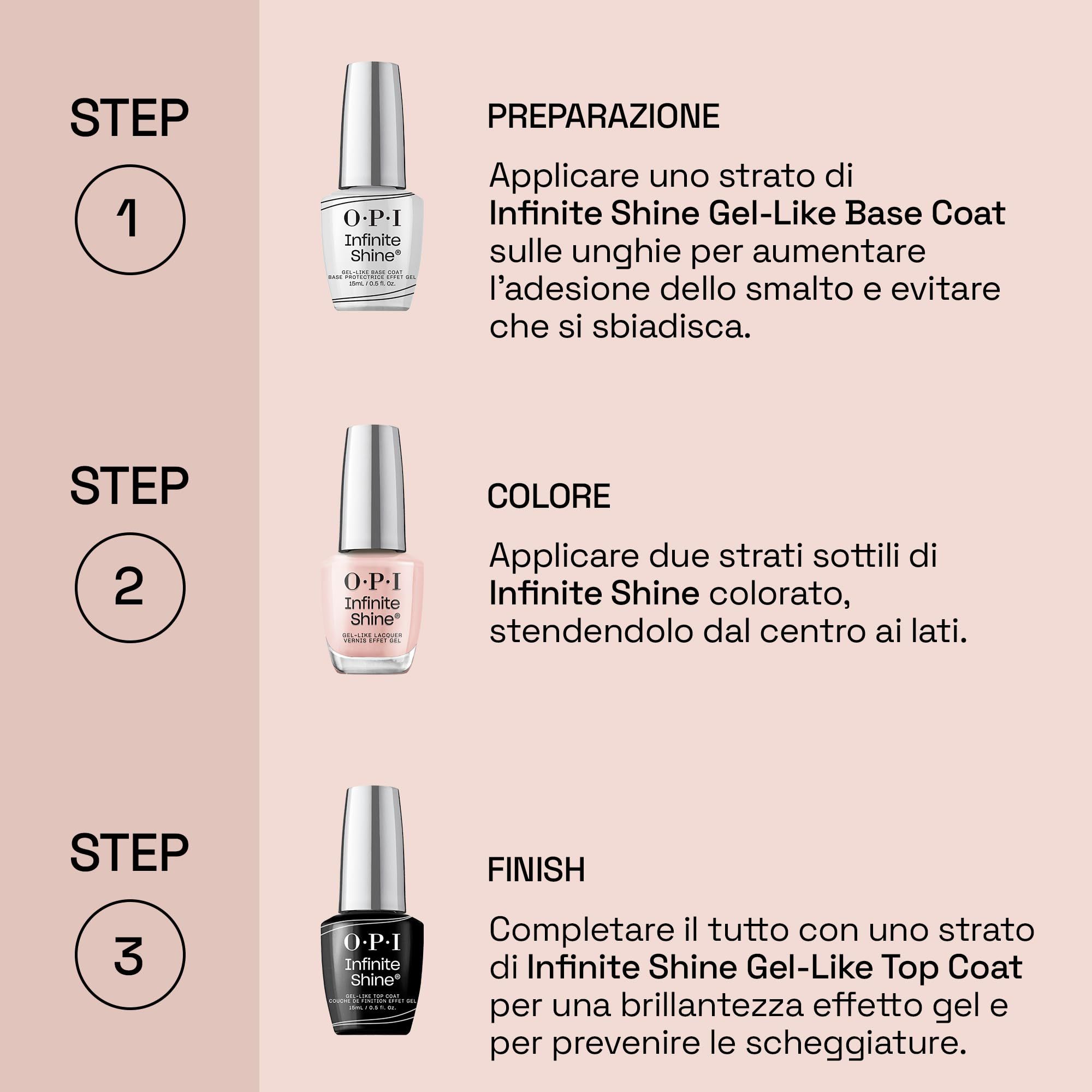 Drie stappen voor het aanbrengen van OPI Infinite Shine. Base Coat, kleur, Top Coat. Tekst in het Italiaans.