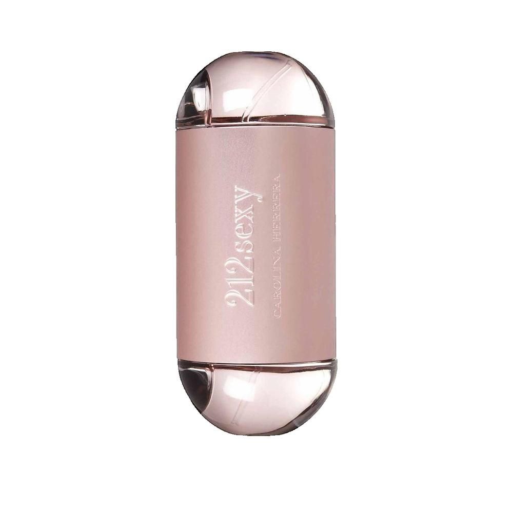 Roze fles met transparante dop. Opschrift: 212 sexy, Carolina Herrera. Cilindrische vorm met afgeronde uiteinden.