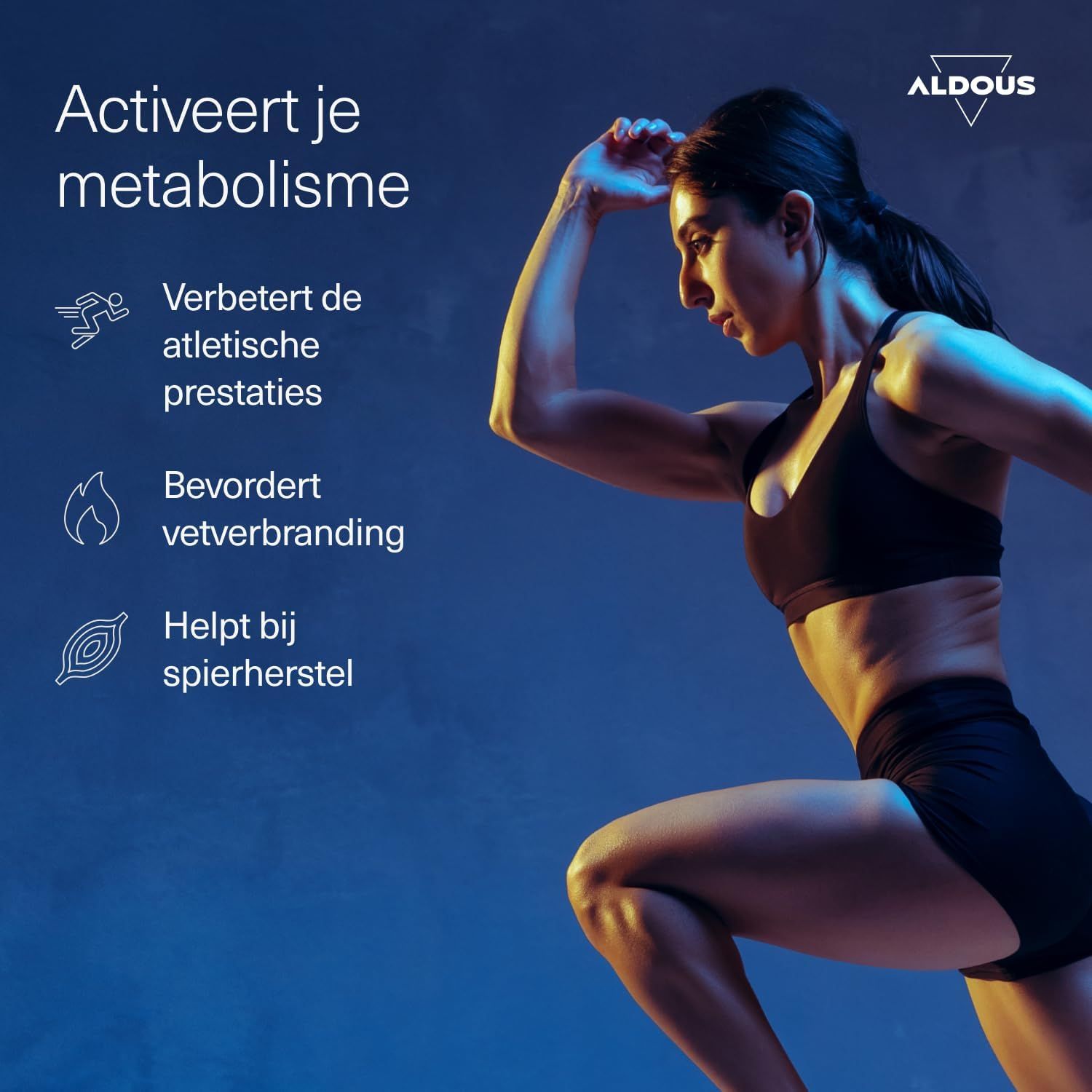 Vrouw in hardloopbeweging met tekst over metabolisme, sportprestaties, vetverbranding en spierherstel. Logo ALDOUS.