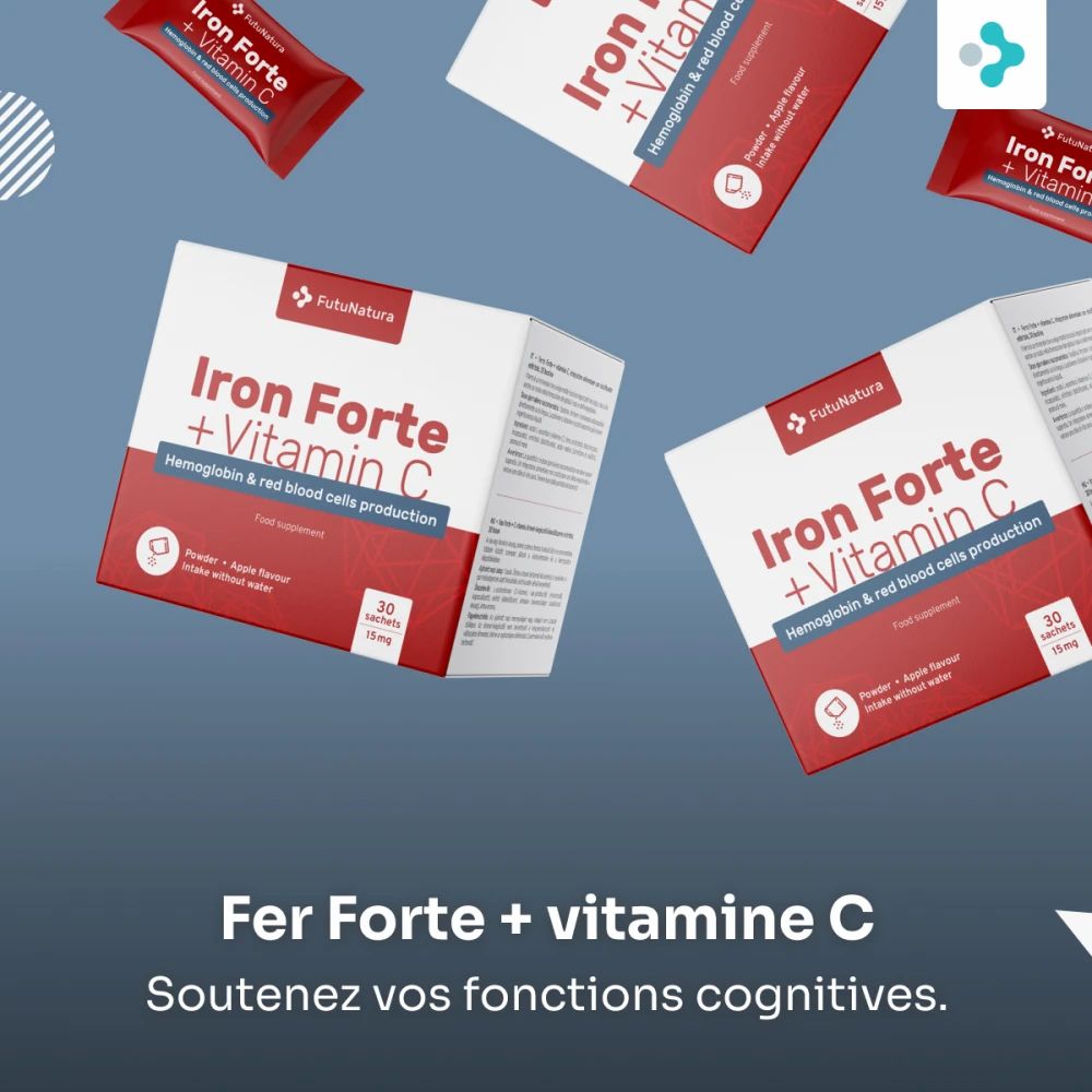 Plusieurs boîtes et sachets. Inscription: Fer Forte + vitamine C. Soutient les fonctions cognitives. 30 sachets. Marque FutuNatura.