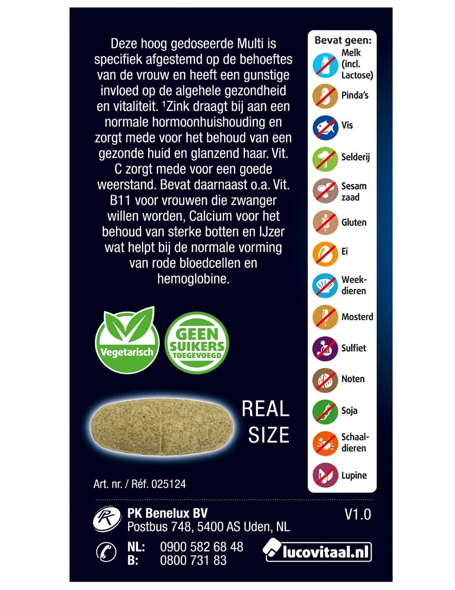 Achterkant van de verpakking. Bevat informatie over ingrediënten, waarschuwingen en certificeringen. Logo "Vegetarisch".