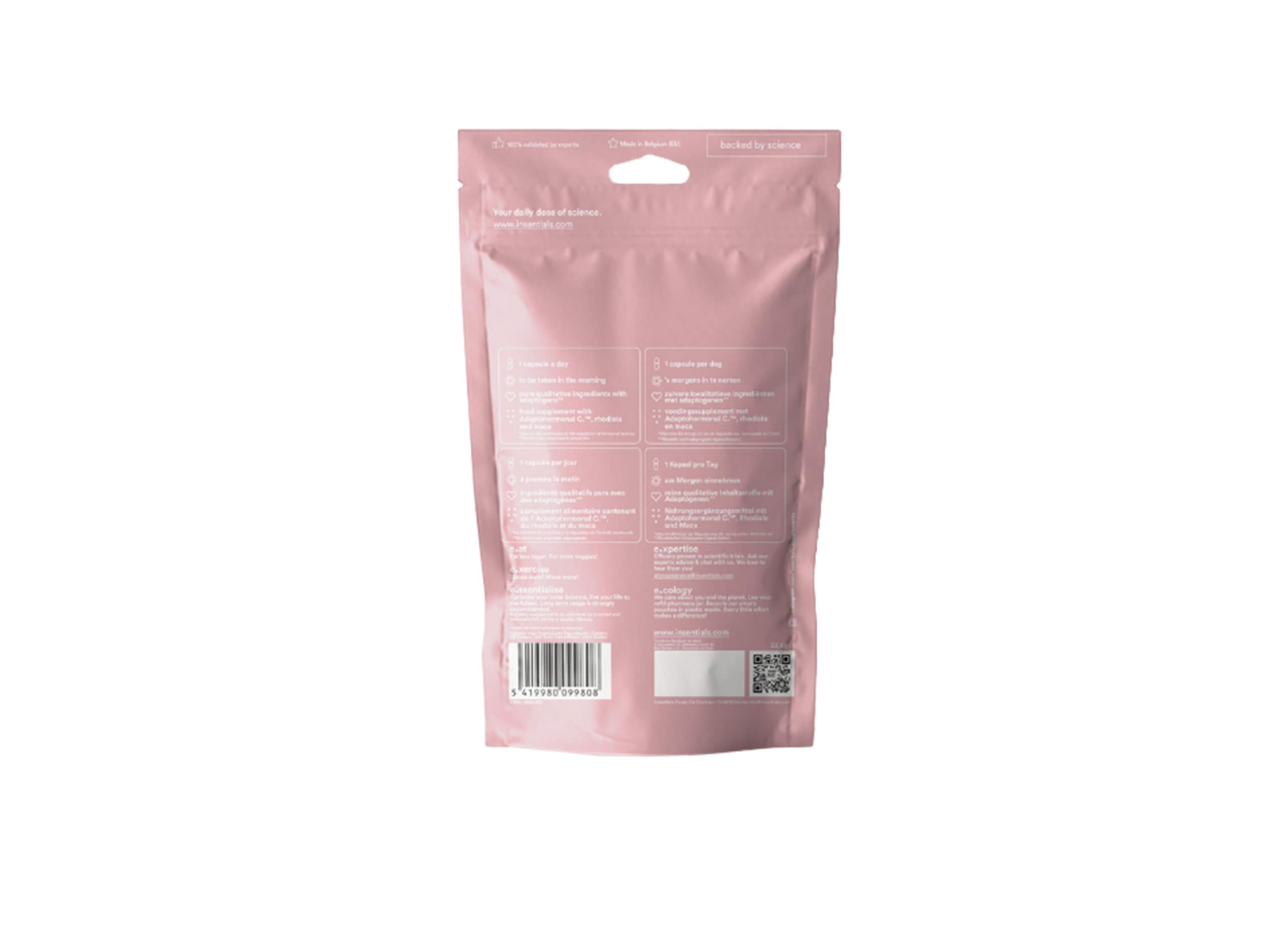Achterkant van een roze stazak. Tekst in meerdere talen. Barcode en QR-code onderaan. Ophanggat bovenaan.