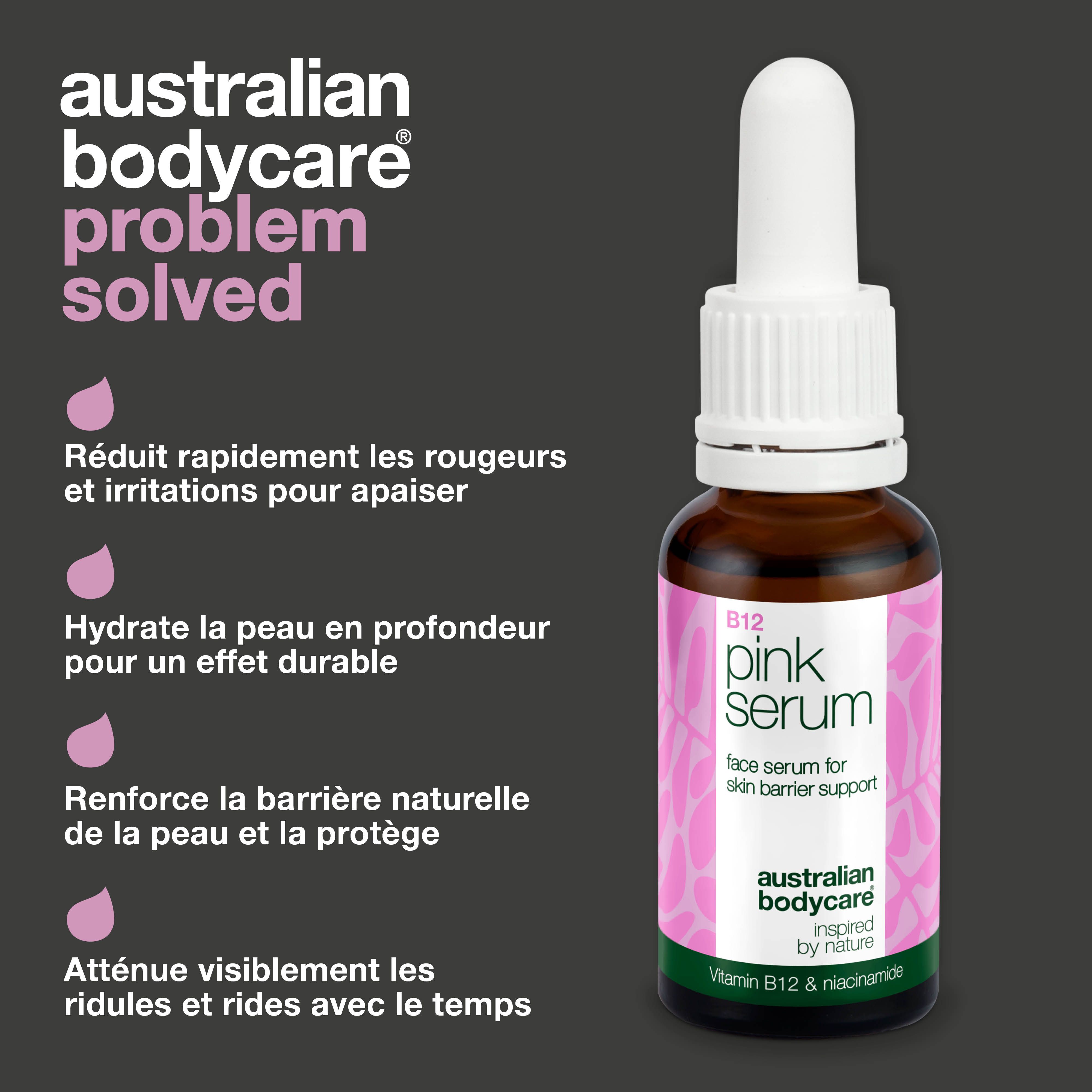 Flacon Pink Serum. Texte: Réduit rougeurs, hydrate, renforce barrière cutanée. Fond noir.