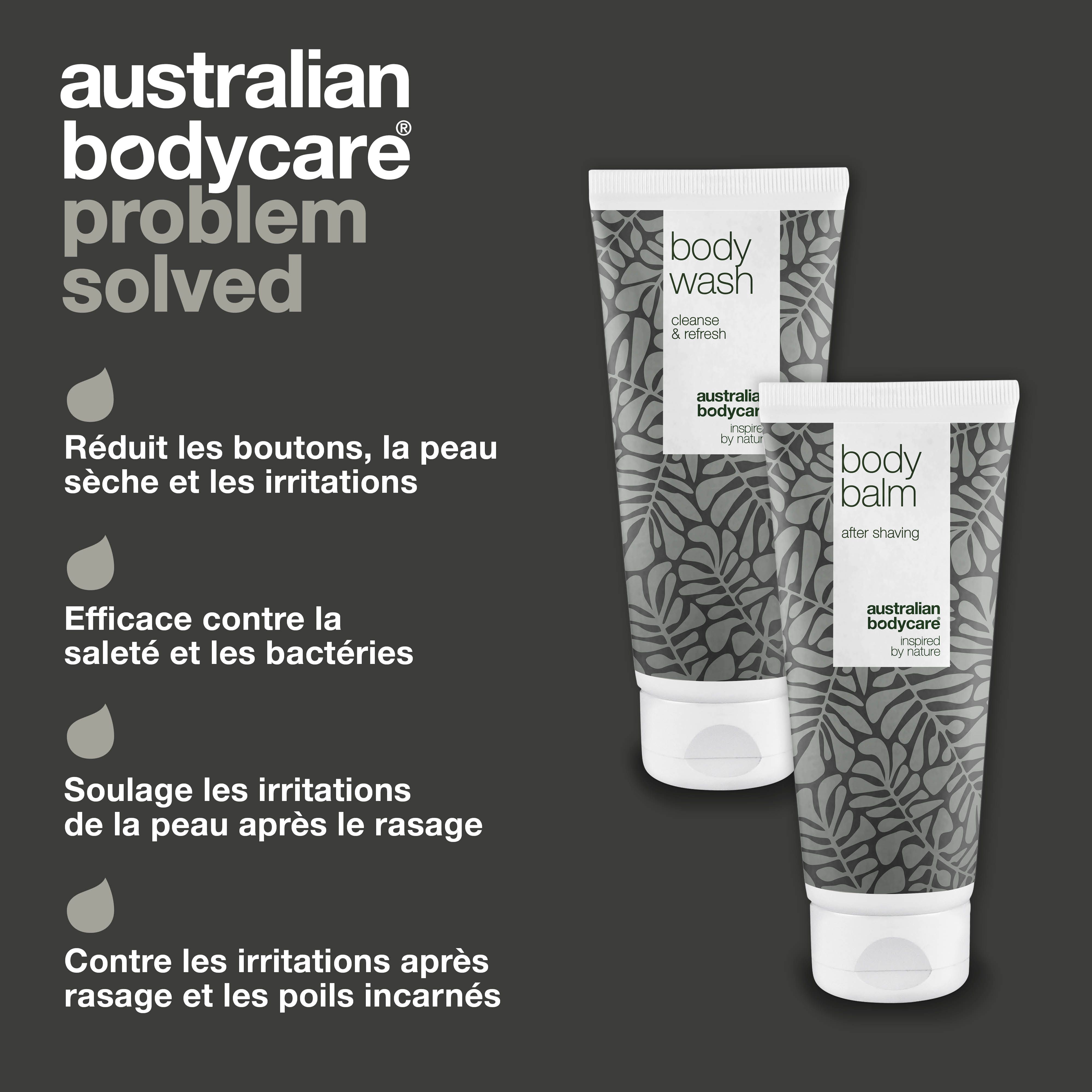 Deux tubes "Body Wash" et "Body Balm". Texte : Réduit les boutons, la peau sèche, les irritations.