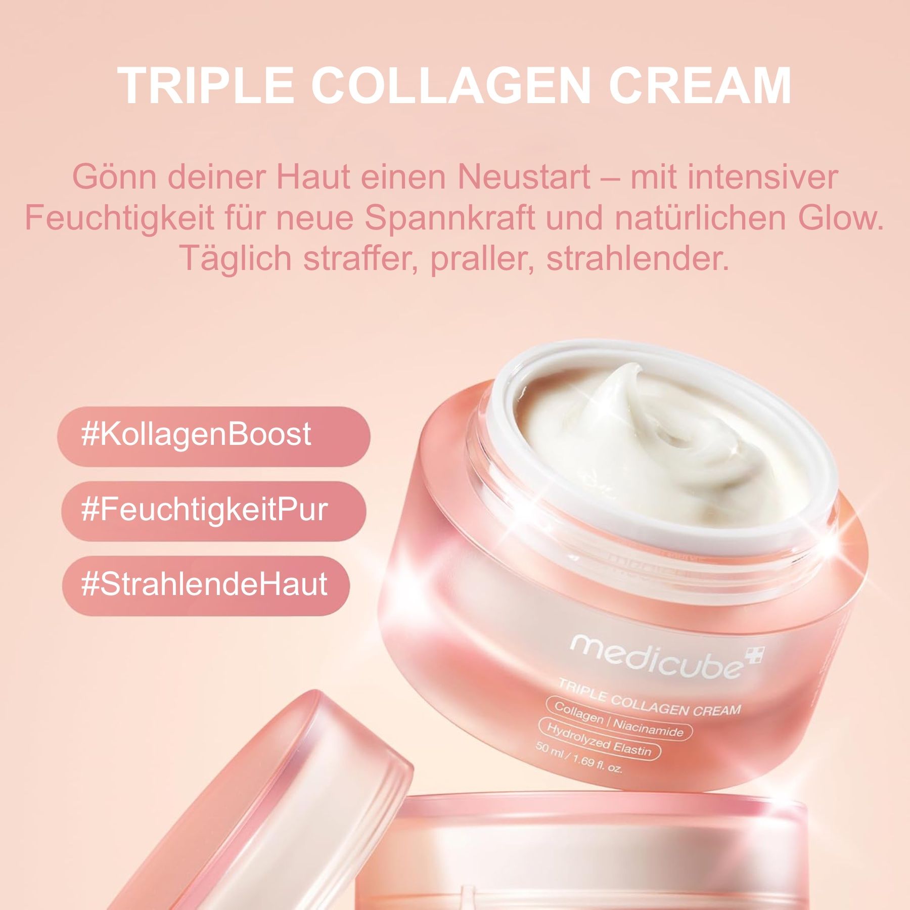 Pot Medicube Triple Collagen Cream ouvert, révélant une crème riche.