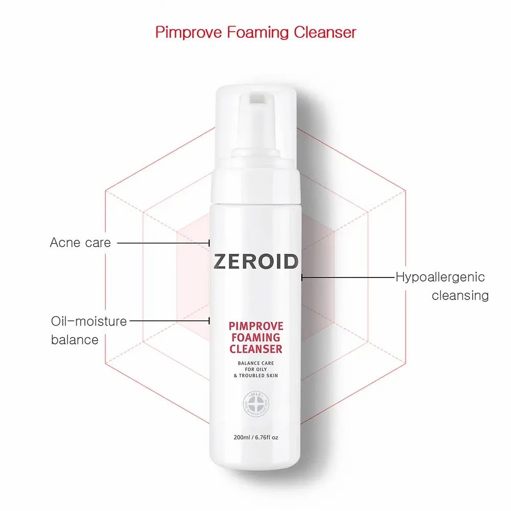 Flacon blanc ZEROID Pimprove Foaming Cleanser avec pompe. Nom du produit et texte. Diagramme avec termes comme soin de l'acné.