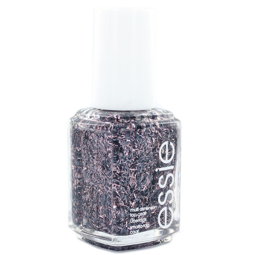 Nagellakflesje met witte dop. De lak bevat glitterdeeltjes. De merknaam "essie" is zichtbaar op de fles.