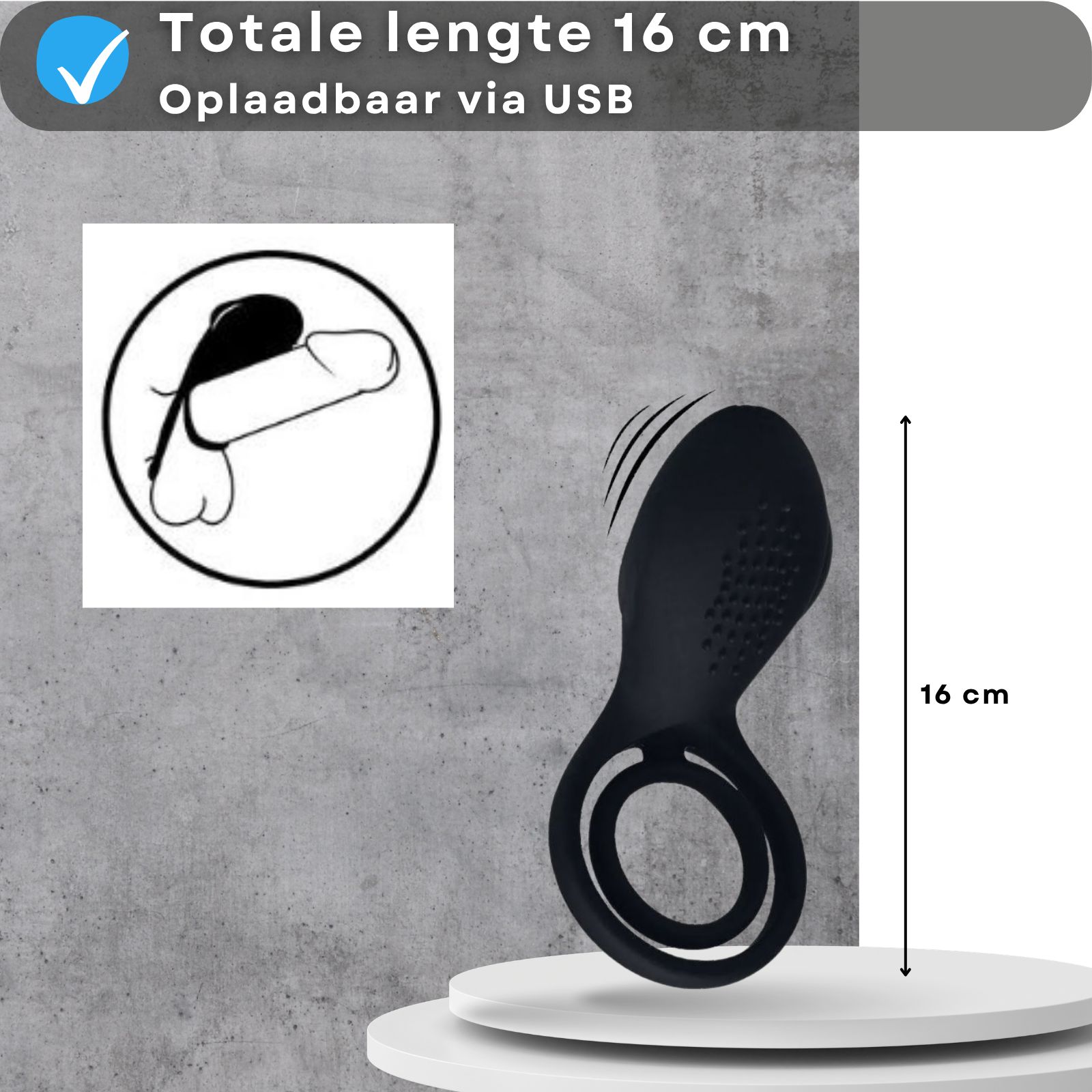 Vibrerende penisring. Tekst: Totale lengte 16 cm, Oplaadbaar via USB.