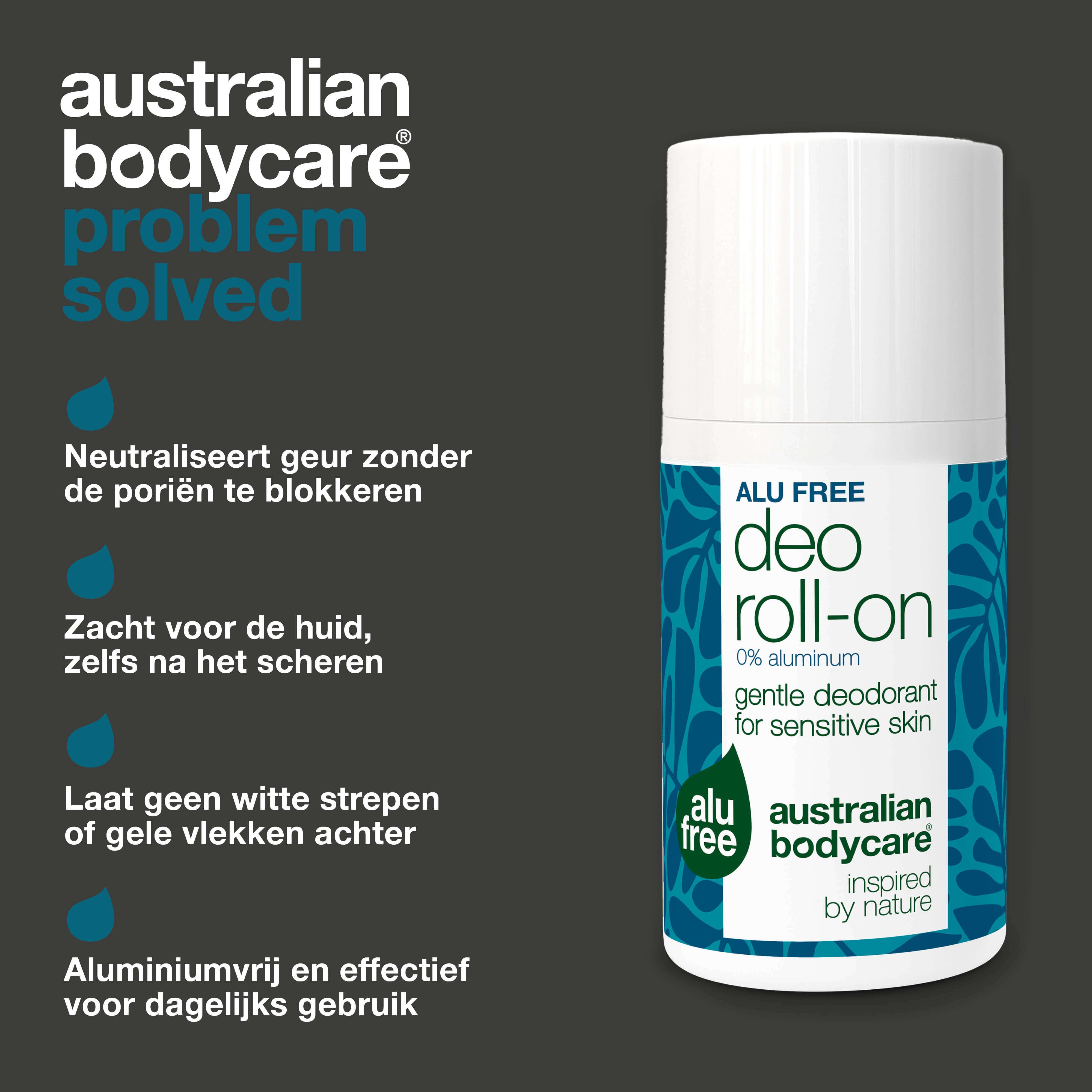 Deo Roll-on met tekst: Neutraliseert geur, zacht voor de huid, geen vlekken, zonder aluminium. Merk: Australian Bodycare.