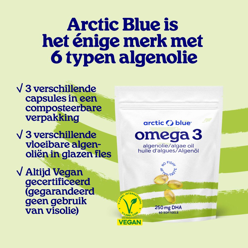 Stand-up pouch met Arctic Blue Omega 3 algenolie capsules, met nadruk op de 6 algenolietypes.