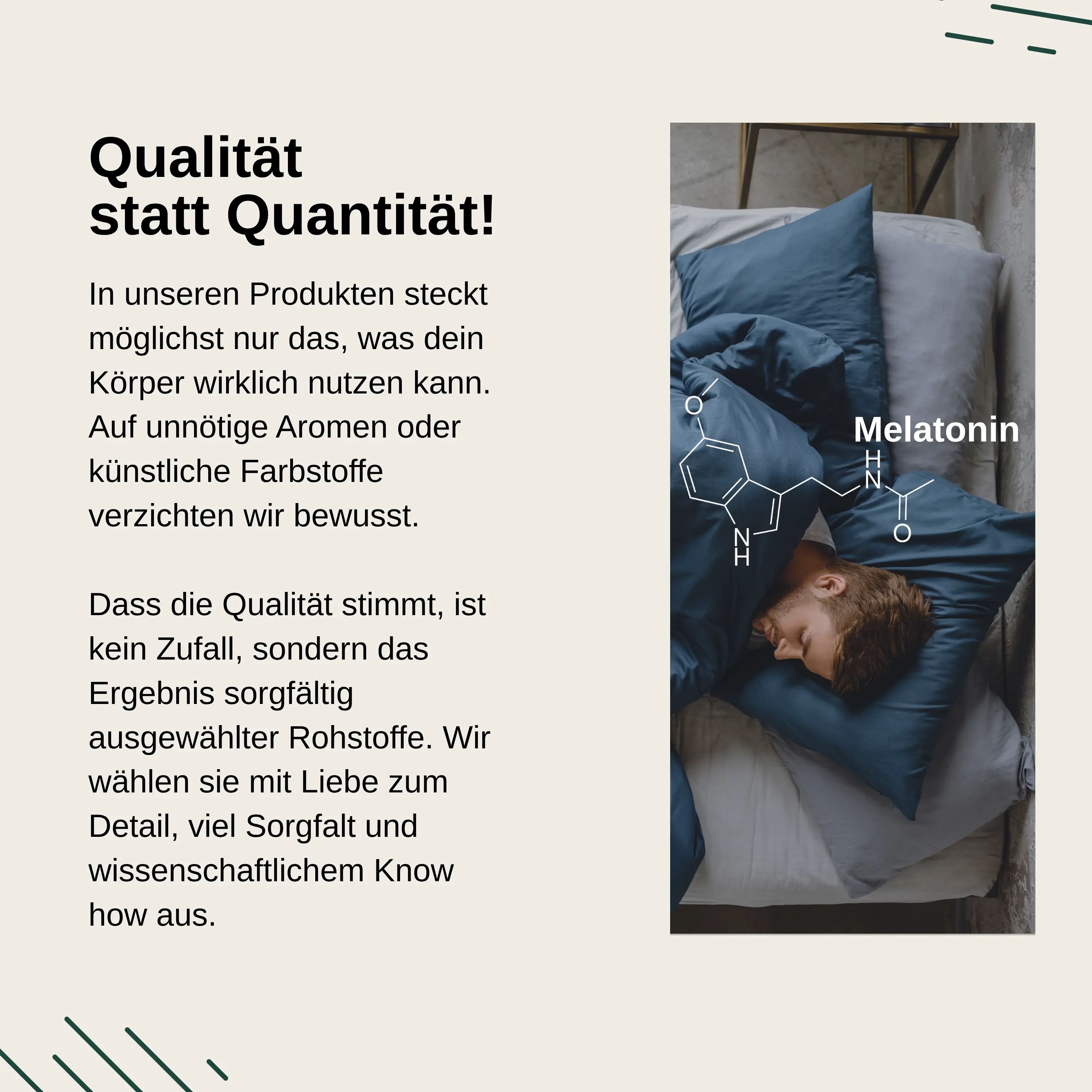 Homme dormant dans un lit. Texte : "La qualité plutôt que la quantité !". Formule chimique de la mélatonine.