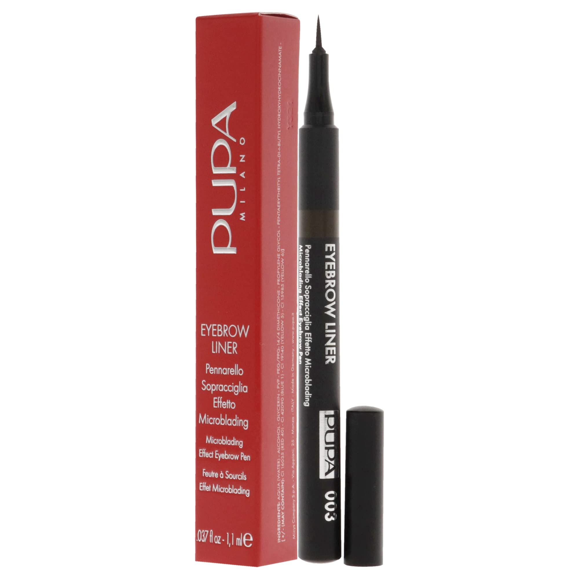 Feutre à sourcils brun avec pointe noire et emballage rouge. Inscription : Pupa Milano, Eyebrow Liner 03.