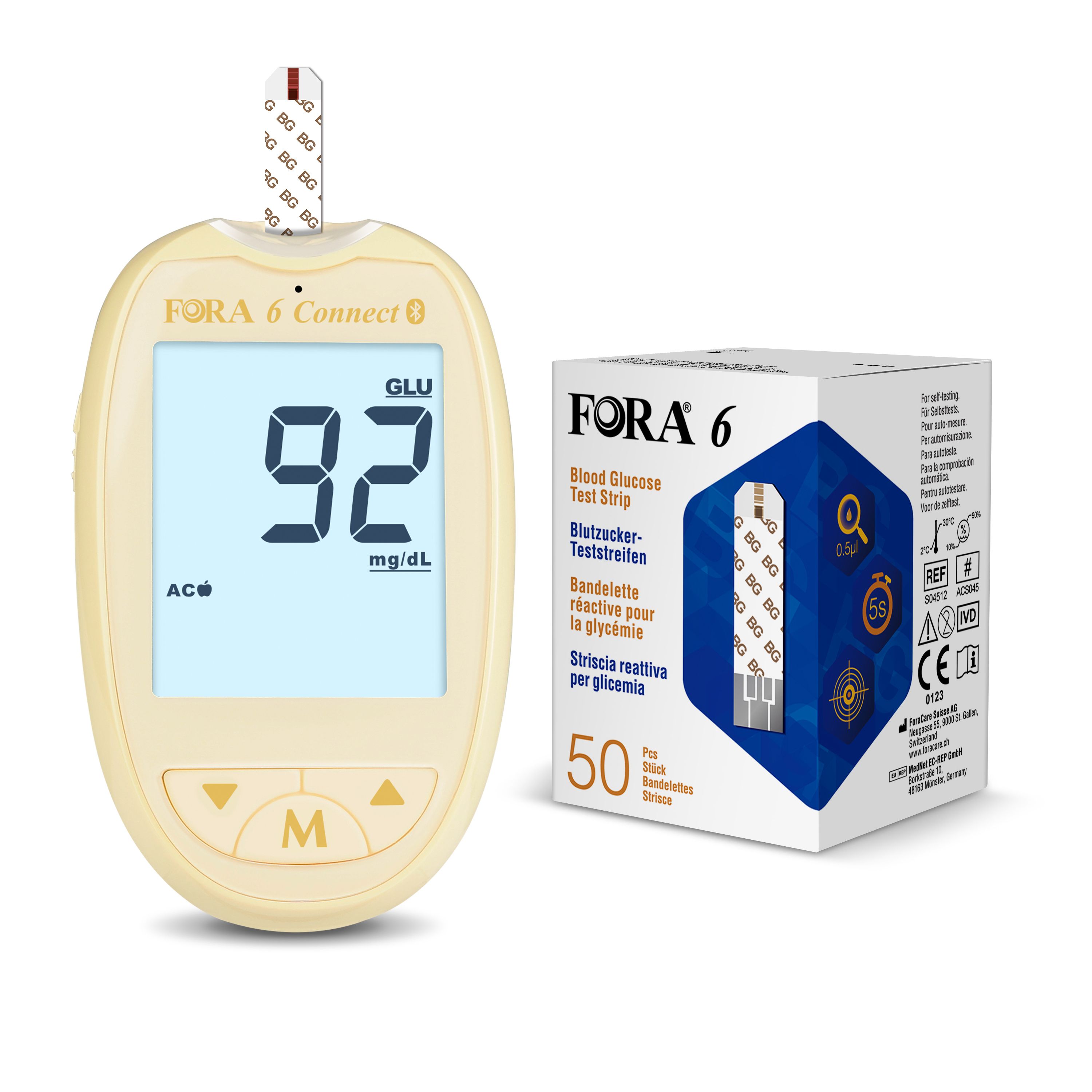 Bloedglucosemeter en teststripverpakking. Digitale display met waarde. Verpakking met 50 strips.