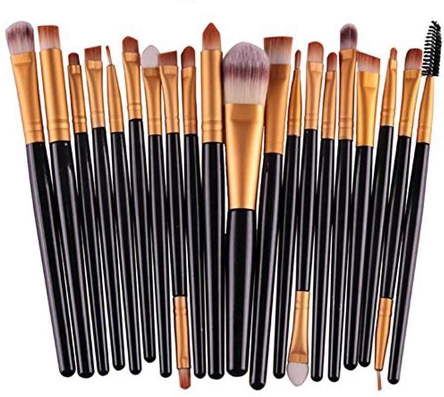 Un ensemble de 20 pinceaux de maquillage noirs et dorés avec différentes têtes et tailles.