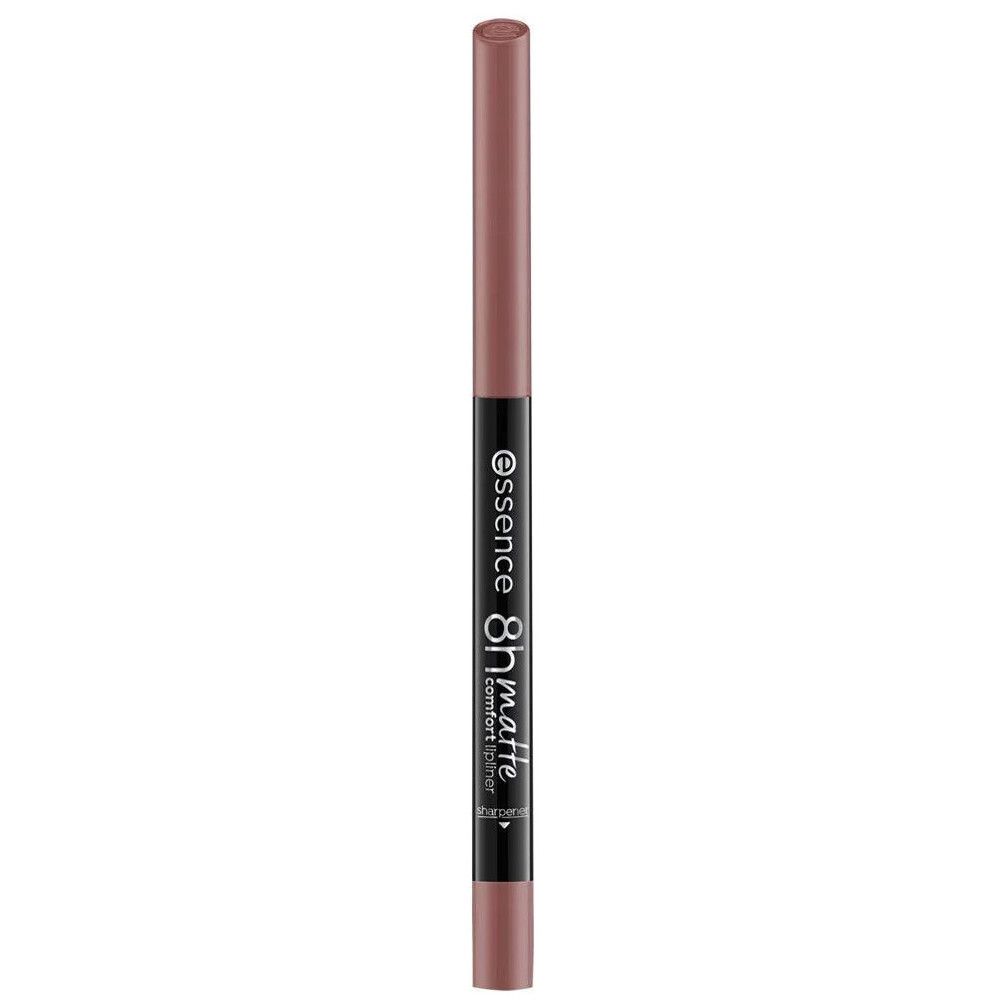 Essence Lippenstiftstift 8H Matte Comfort. Zwarte potlood met bruine lippenstift. Productnaam en kenmerken gedrukt.