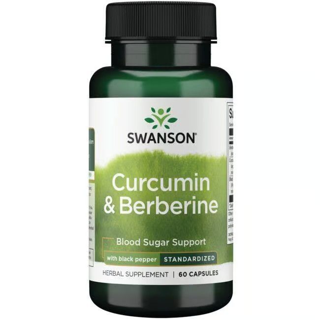 Groene fles met wit etiket. Opschrift: SWANSON Curcumin & Berberine. 60 capsules. Met zwarte peper.