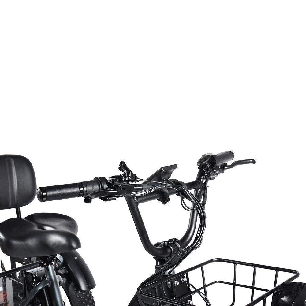 Gros plan du guidon d'un triporteur noir. Guidon, panier, commandes, siège avec dossier.