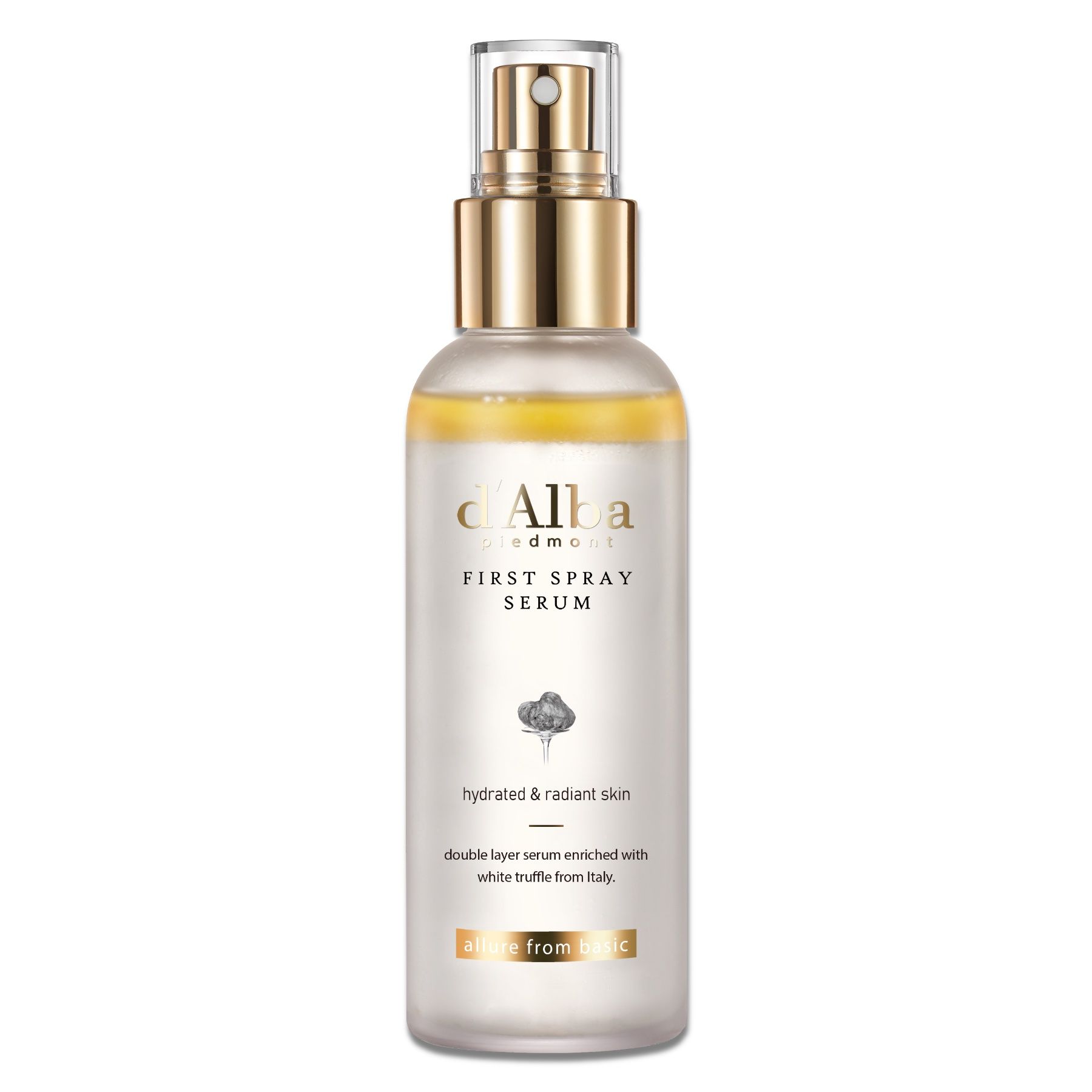 Gezichtsspray met gouden sproeikop. Opschrift: d'Alba, First Spray Serum. Tekst: hydrated & radiant skin, double layer serum.