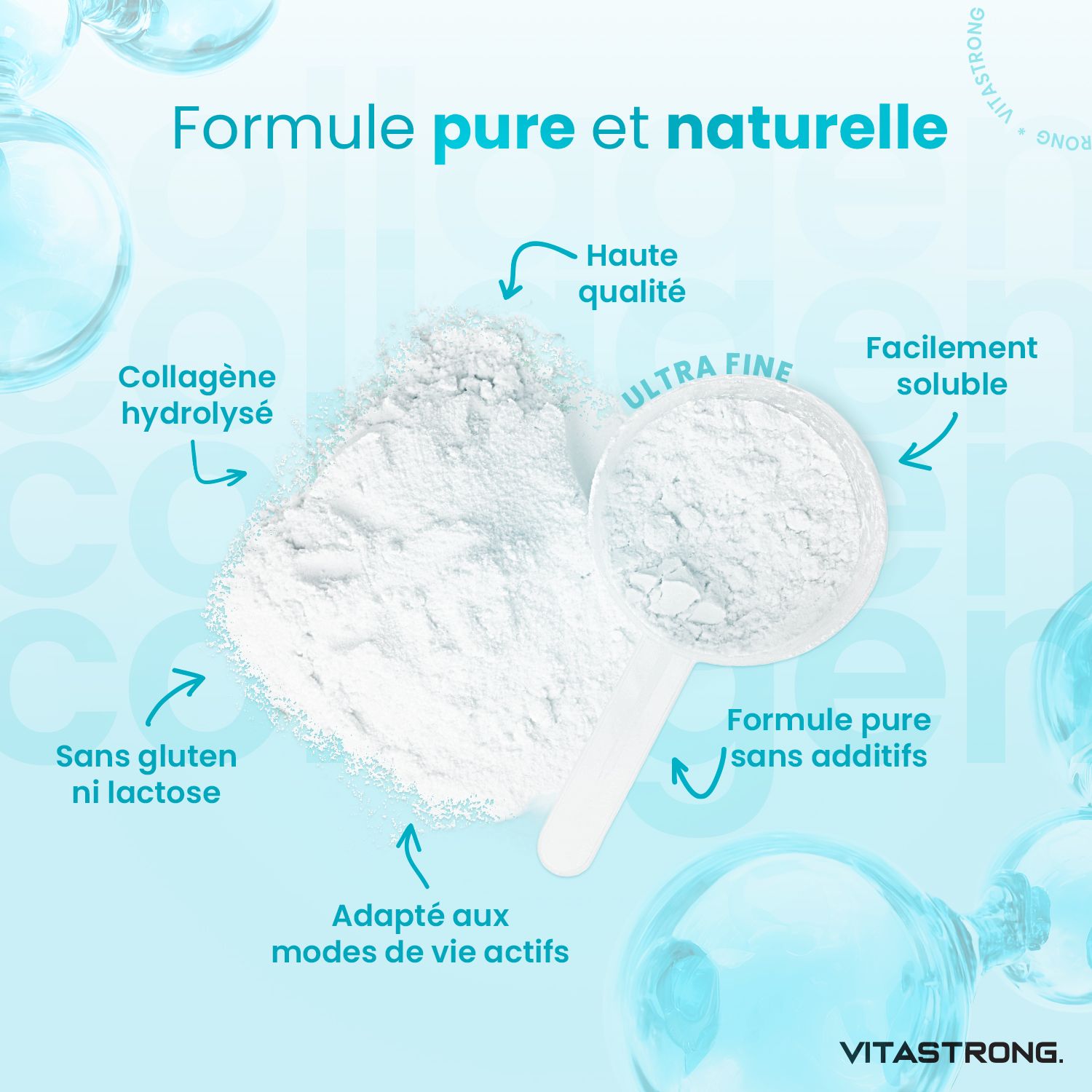 Vitastrong Collageen, poeder en lepel. Tekst: gemakkelijk oplosbaar, zonder gluten of lactose, pure formule zonder toevoegingen.