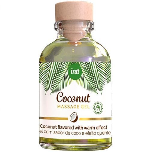 Intt Kokos Massage Gel fles met houten dop. Met palmbladontwerp.