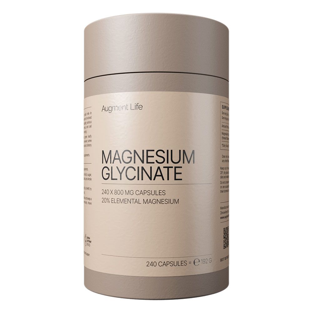 Cilindrische verpakking met magnesiumglycinaat capsules. Bevat 240 capsules van 800 mg.