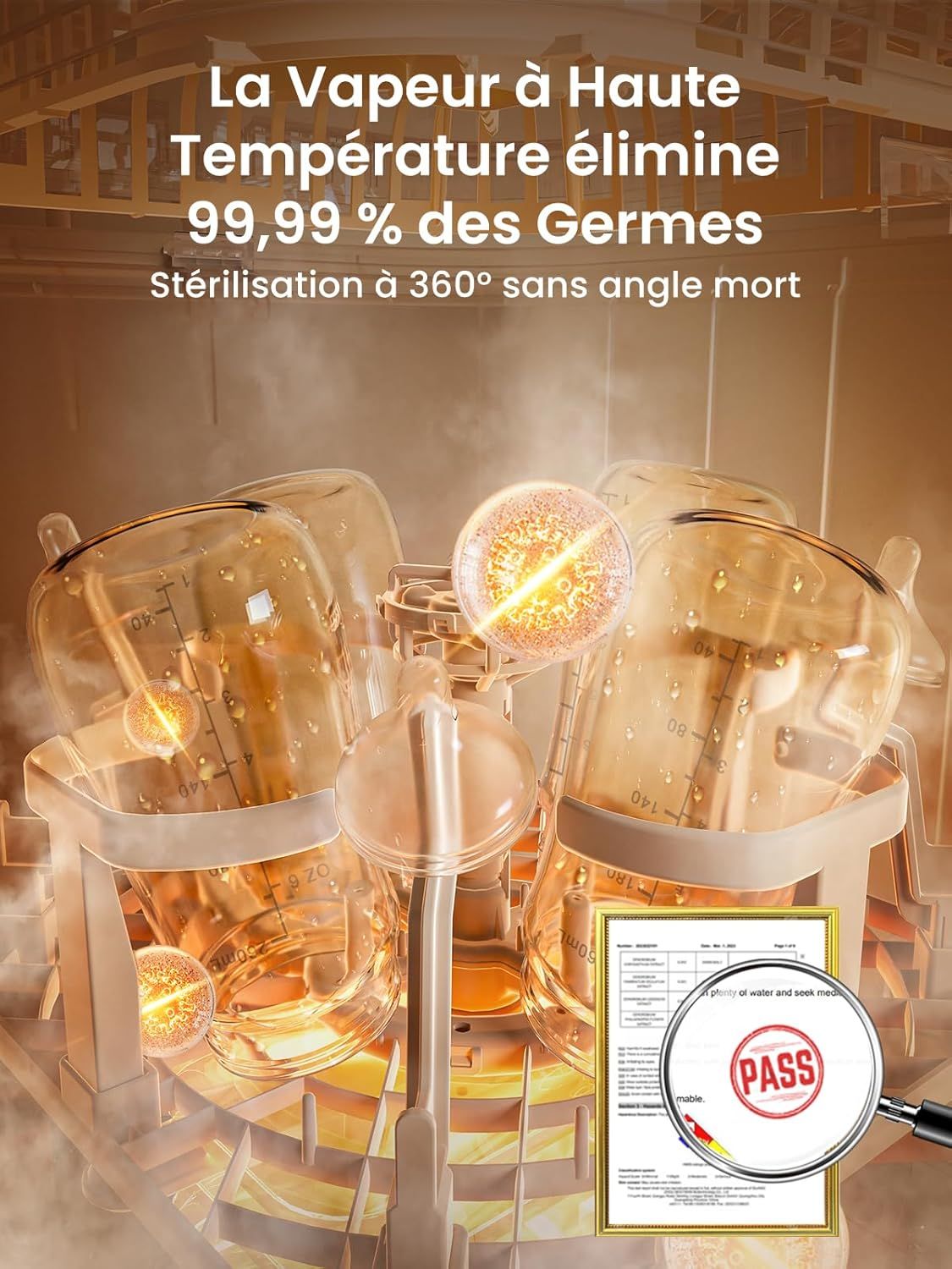 Unité de stérilisation avec plusieurs supports de bouteilles, vapeur à l'intérieur, certificat avec tampon "PASS".