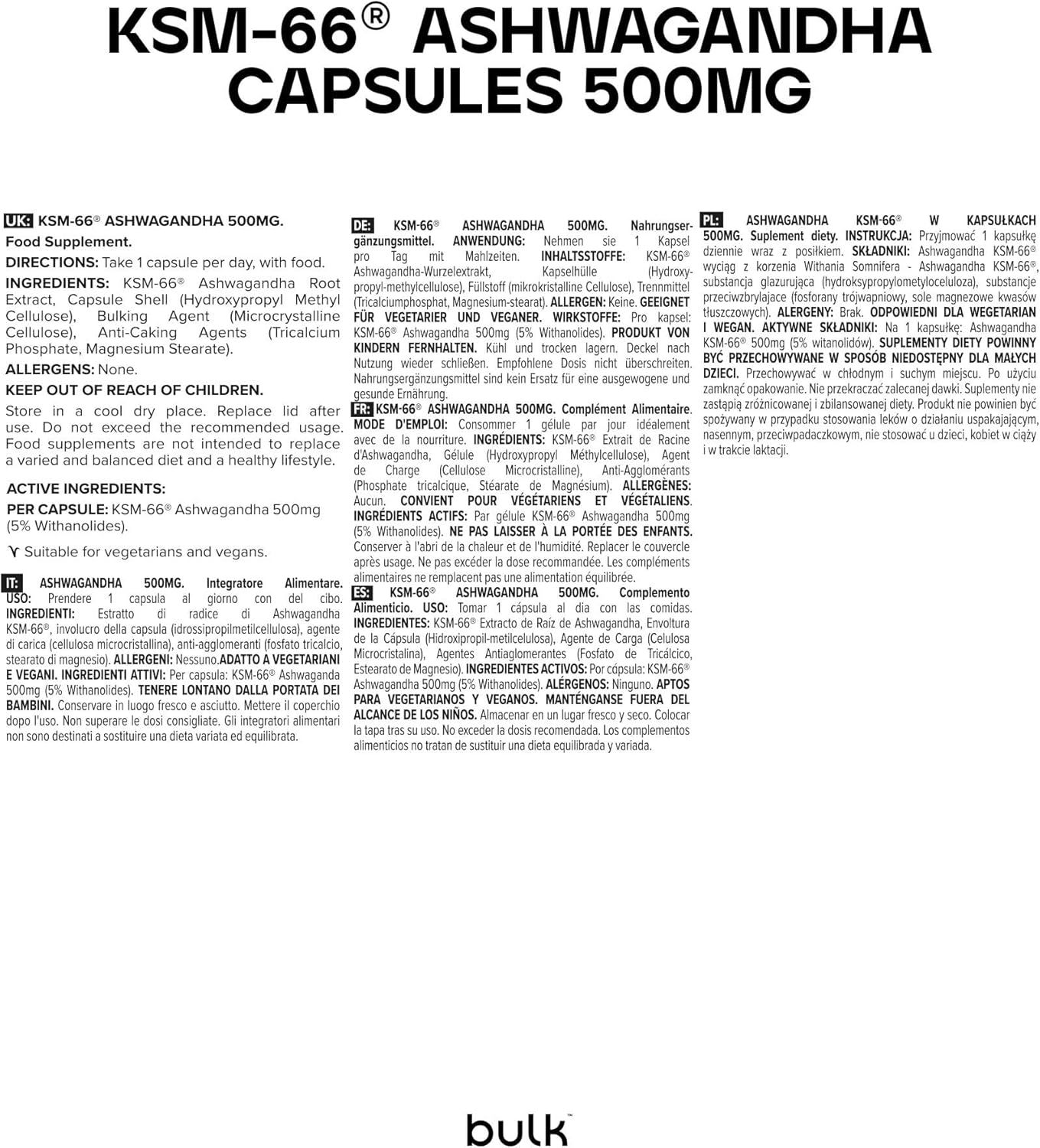 Étiquette blanche avec texte. Contient des informations sur les gélules Ashwagandha KSM-66. Marque: bulk. Informations multilingues.