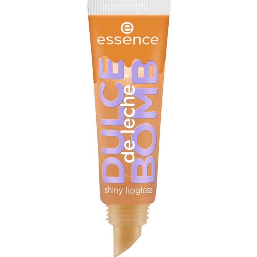 Oranje lipgloss tube. Opschrift: Dulce de Leche Bomb Shiny. Merk: Essence.