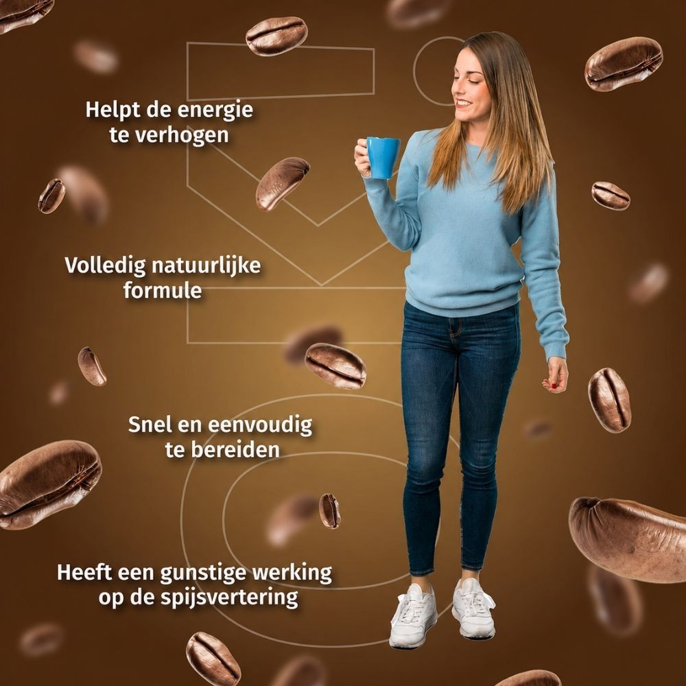 Blik OK!FatBurn Coffee met 5in1 actie en iconen voor voordelen.