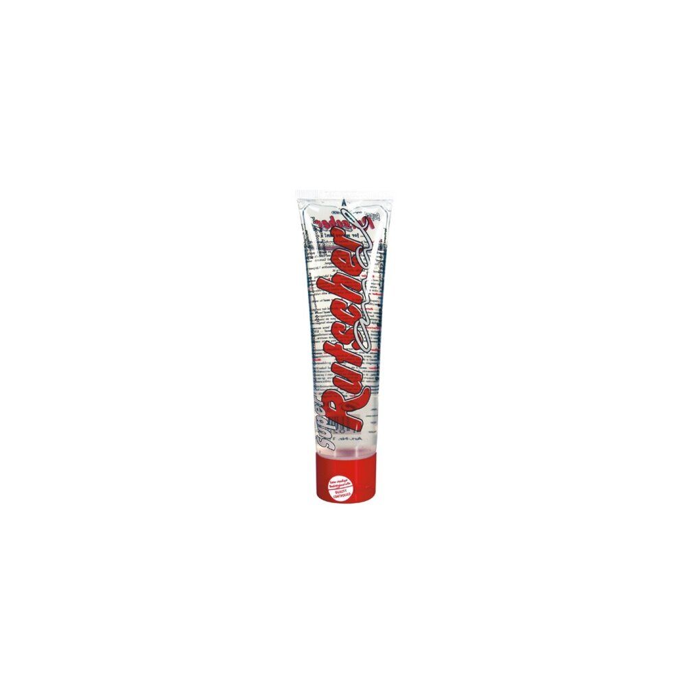 Transparante tube met rode dop. Opschrift: SexMAX, Super Rutscher, rode tekst. Tekst: ...for more fun!