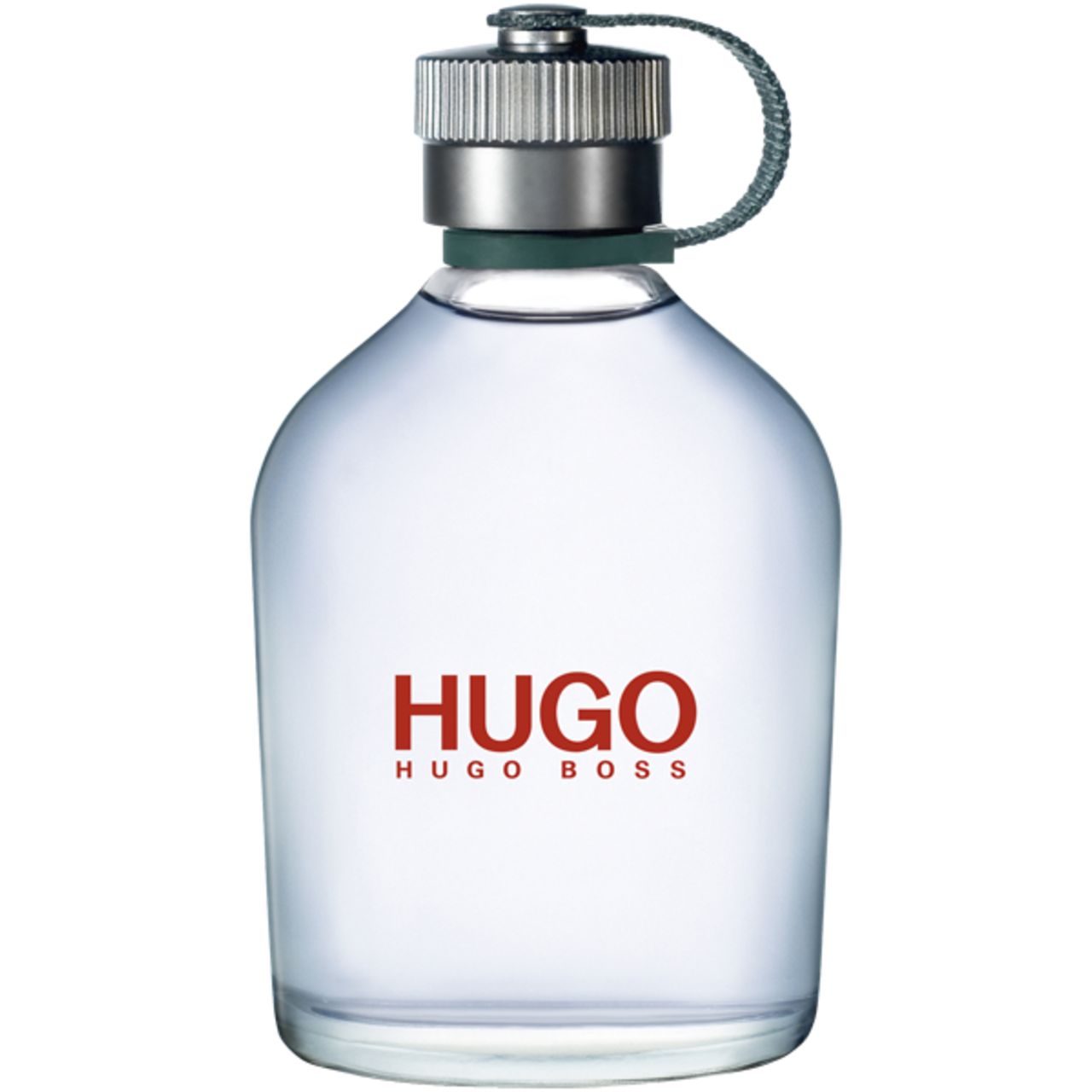 Flacon transparent Hugo Boss avec lettrage rouge HUGO. Bouchon argenté, boucle verte. Inscription HUGO BOSS.