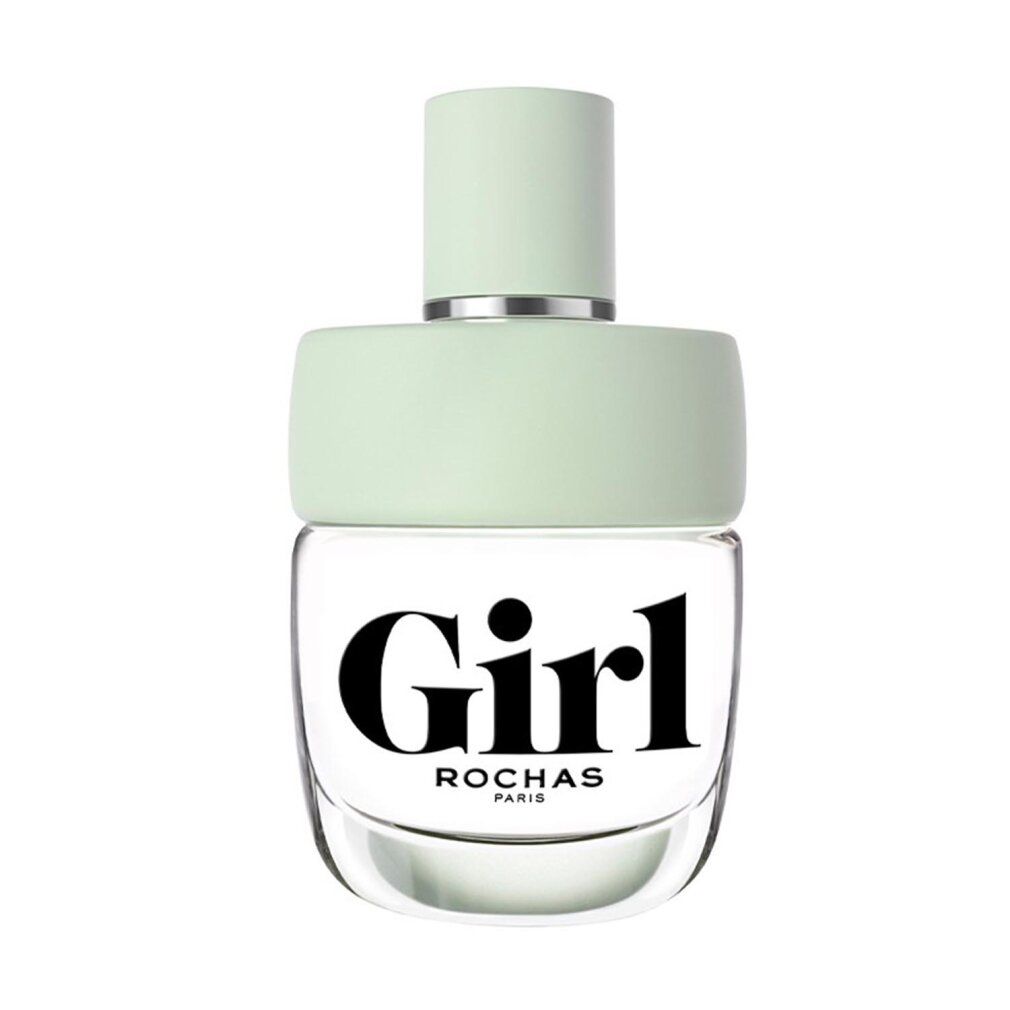 Ronde glazen fles met lichtgroene dop. Opschrift "Girl" en "Rochas Paris". Fles met lichtgroene dop.