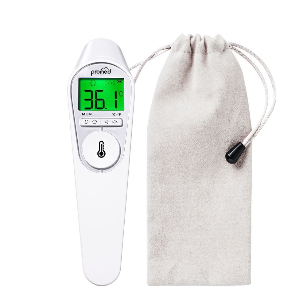 Thermomètre infrarouge et sac de rangement. Thermomètre affiche 36,1°C. Sac en tissu.