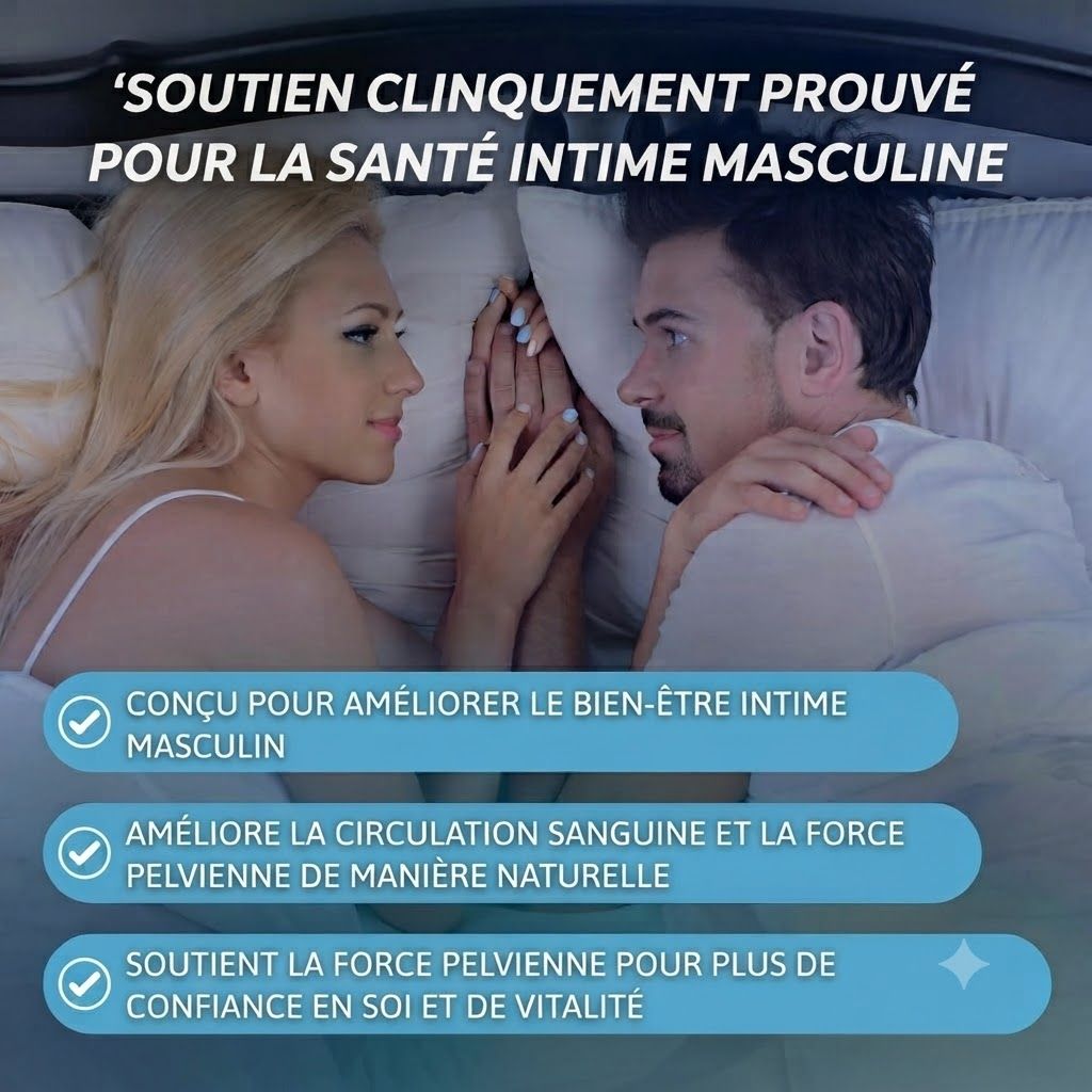 Un couple est allongé dans un lit, se tenant la main. Texte sur la santé intime masculine.