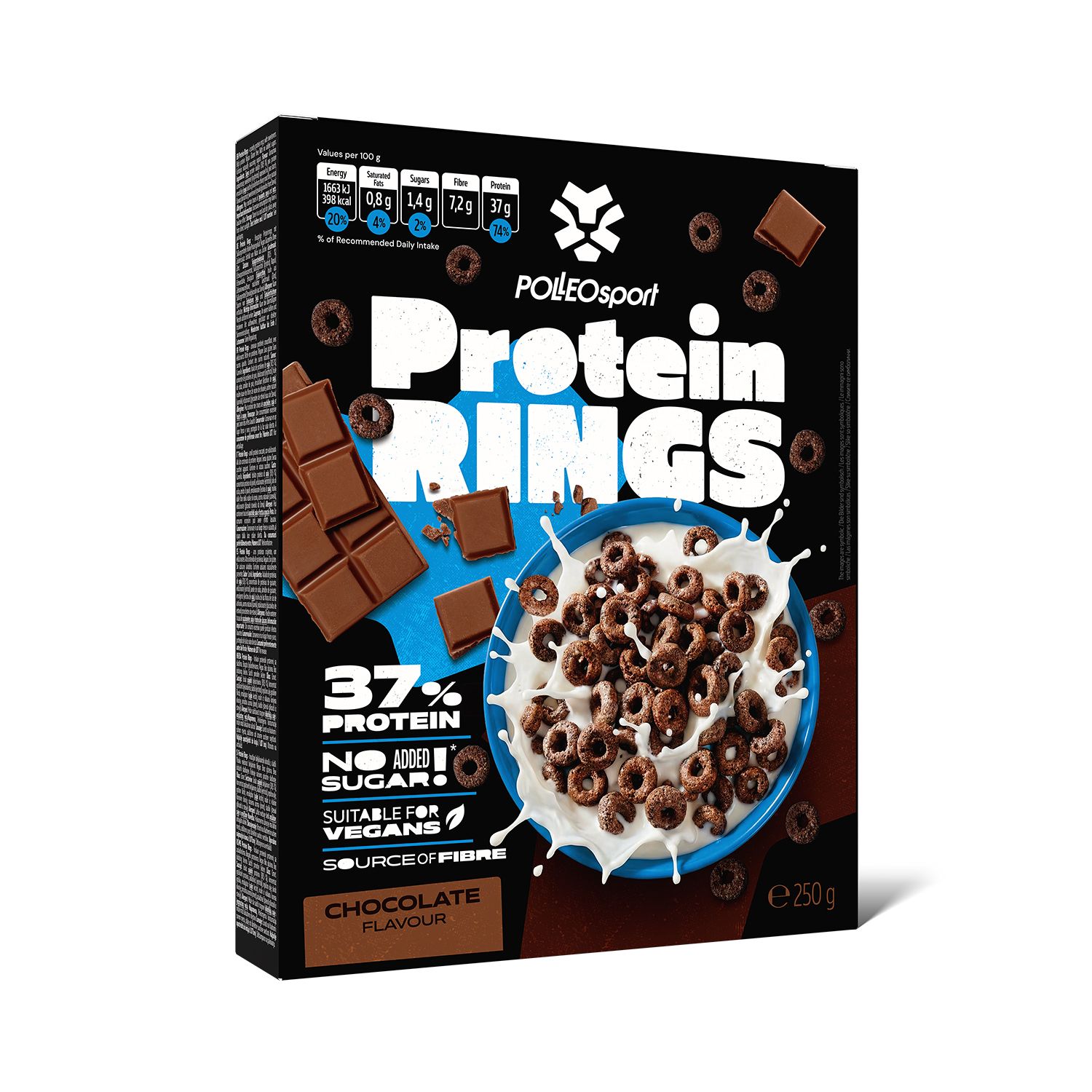 Boîte de Protein Rings. Inscription : PolleoSport, Protein Rings, 37% de protéines, sans sucre ajouté, convient aux végétaliens, goût chocolat.