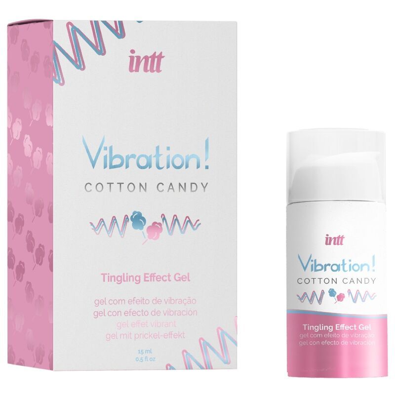 Verpakking en fles. Verpakking met tekst: Vibration! Cotton Candy Tingling Effect Gel. Fles ernaast.